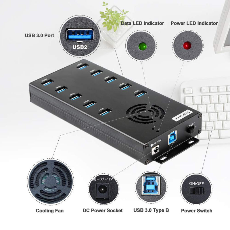 Powered USB Hub 3.0, Sipolar 10-Port USB Hub with 12V 10A Power Adapter, Multi USB Port Expander Fast Data Transfer USB Data Hub Splitter for Laptop, PC,Mobile, Mobile HDD, Flash Drives