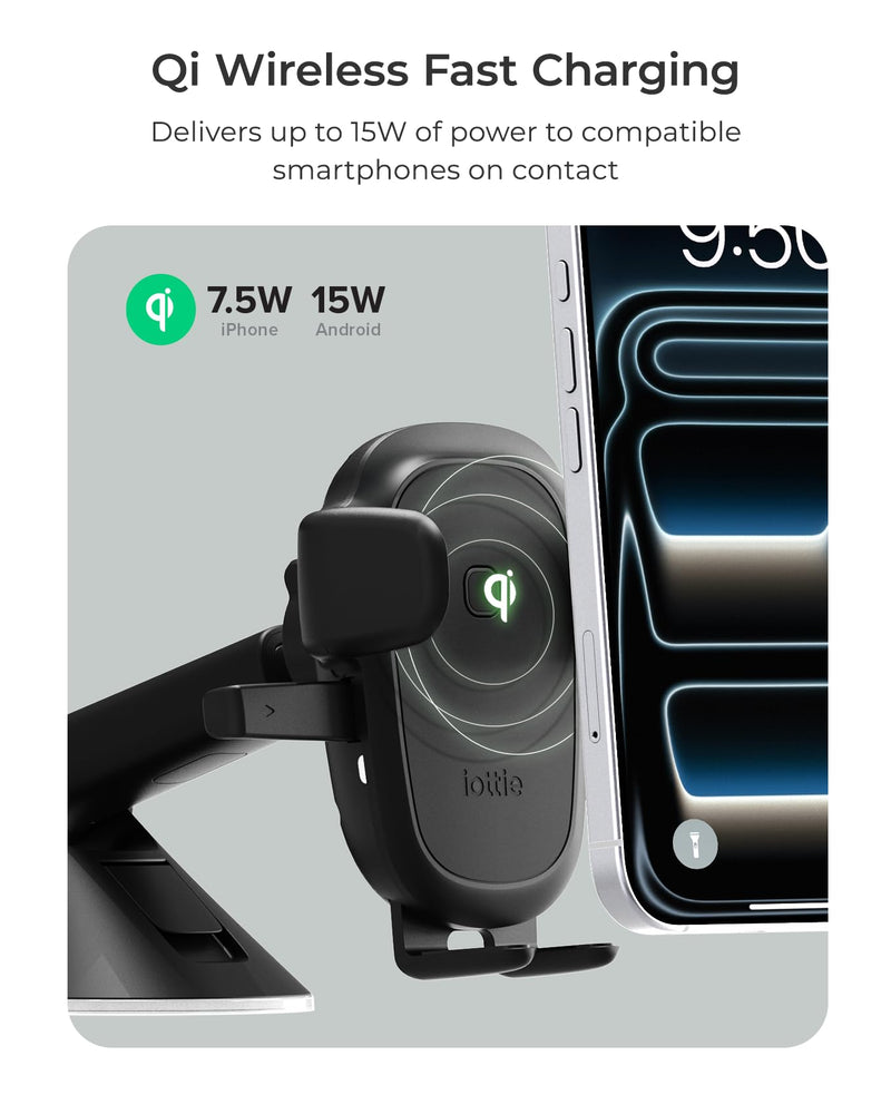 iOttie Easy One Touch Wireless 3 Dash & Windshield Car Mount, 15W Qi Fast Charging Phone Holder, One-Handed Auto Clamp, Adjustable Smartphone Mount for iPhone 17 Pro Max, iPhone 12-17, Samsung, Pixel