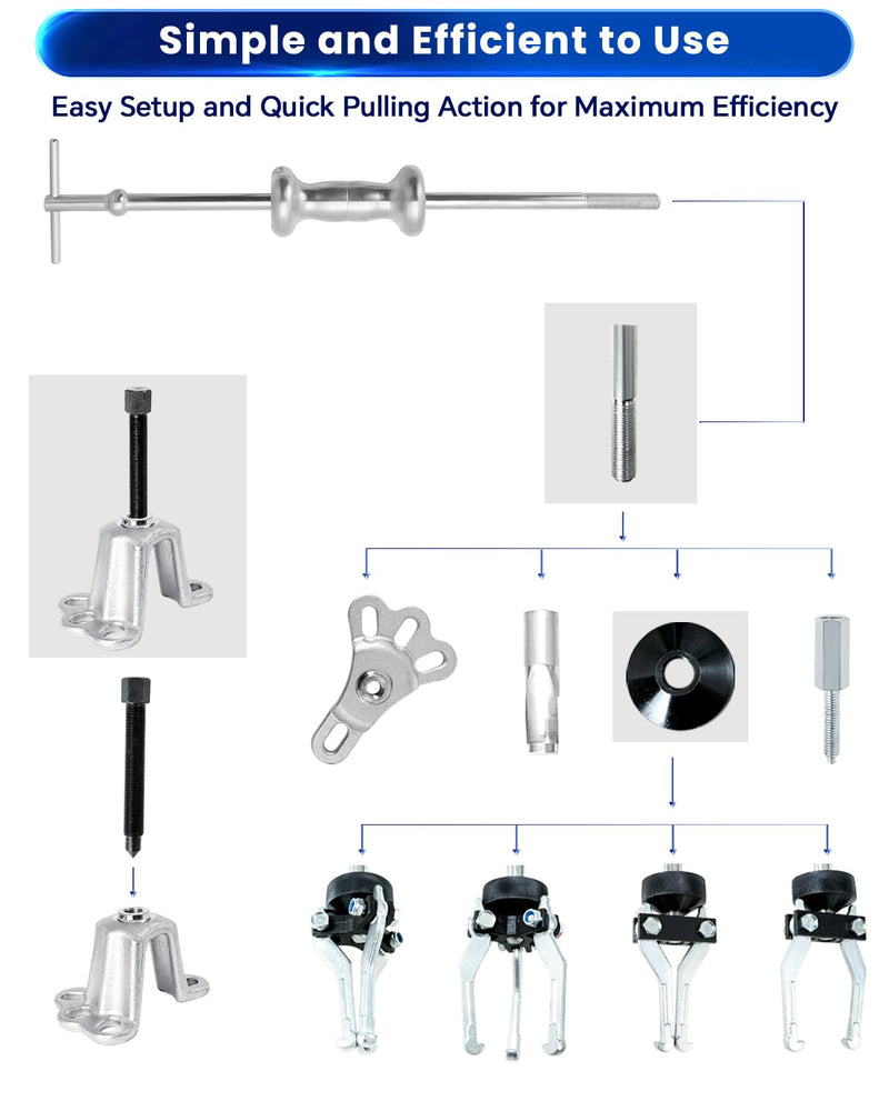 ATPEAM 9-Way Slide Hammer Puller Set | Front Wheel Hub Bearing Remover & Rear Wheel Axle Hub Dent Shaft Puller Tool Kit 19pcs Polished Chrome Finish Slide Hammer