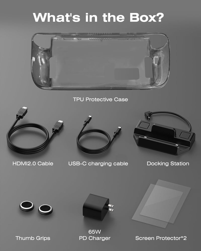 Steam Deck Dock, All-in-One Accessories Bundle for Steam Deck | 4K@60Hz Docking Station, 65W Fast Charger, USB C & HDMI Cable, Protective Case, Screen Protectors & Thumb Grips Black Translucent