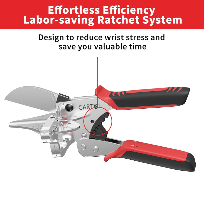 GARTOL Ratchet Miter Shears 22.5°–135° Adjustable; Precision Angle Cutter with Spare SK5 Blade for Quarter Round, Shoe Molding, PVC, MDF & Soft Wood; Labor-Saving Trim Tool with Safety Lock