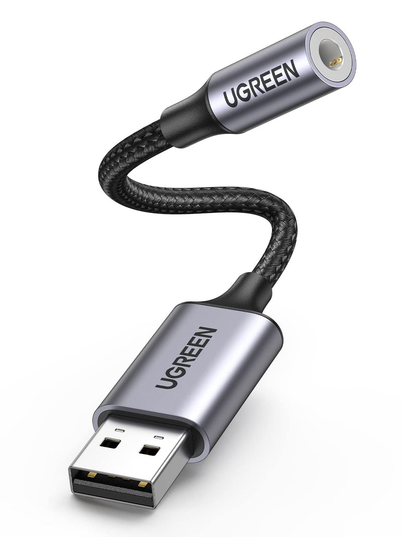 UGREEN USB to 3.5mm Jack Audio Adapter Sound Card Support Mic TRRS Headphone DAC 24bit 96kHz Nylon Braided USB to Aux Jack Compatible with Windows Mac Linux PC PS5 PS4 Switch 2 Speaker, 9.8 Inch