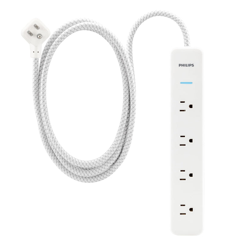 Philips 4-Outlet Surge Protector, 4ft Braided Extension Cord, 450J, Adapter-Spaced, White - SPP3563W/37