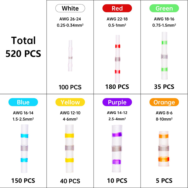 Upgraded 520PCS Solder Stick Wire Connectors with Heat Gun 450W, Solder Seal Wire Connectors Solderstick Waterproof Wire Connector Kit for Marine (26-6 Gauge) 521