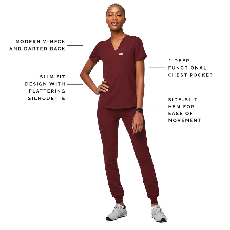 FIGS Catarina One-Pocket Scrub Top for Women - Burgundy, S