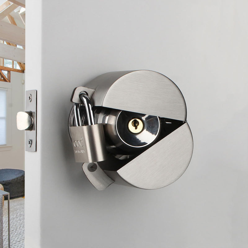 Door Knob Lockout Device with Padlock, Metallic Stainless Steel Locking Cover to Disable Doorknob, Prevents Turning of Door Knob and Access to Keyhole, Prevents Operating The Knob