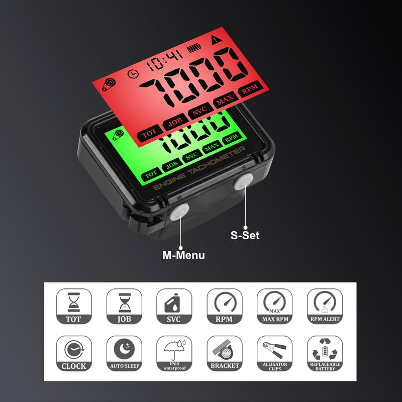 Digital Chainsaw Tachometer Motorcycle Pulse Engine Tachometer Adjustable Green Backlight Tacho Meter ATV RPM calibrated Gauge for Lawn Mower Dirt Bike Boat Marine UTV Small Engines