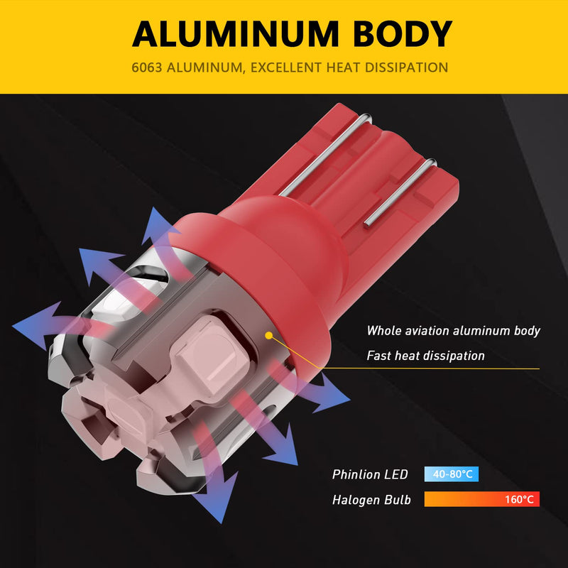 PHINLION 194 LED Light Bulb Red Super Bright 168 2825 W5W T10 Wedge 6-SMD 3030 Chipsets LED Replacement Bulbs for Car Dome Map Parking Door Courtesy Side Marker License Plate Lights