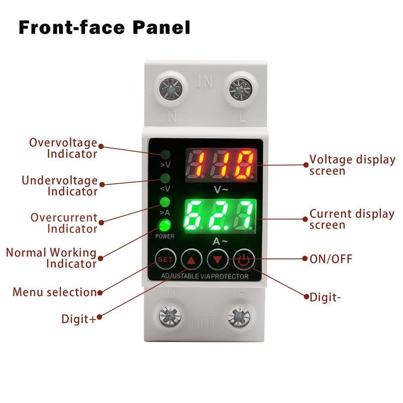 63A Smart Voltage Protector 110V 220V, LCD Display, Adjustable Over/Under Voltage Protection, DIN Rail Mount, 2 Pack 63A 2pcs