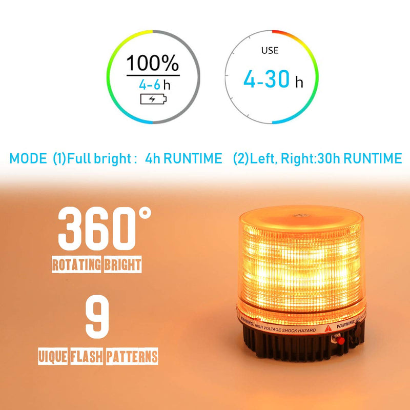 LE-JX Amber Wireless Rotating Beacon Orange Battery Led Strobe Warning Light Roof Top Plow Hazard Flash Emergency Mail Lights 12 V with Magnetic Base Mount and Rechargeable Plug (Yellow, 18 LED)