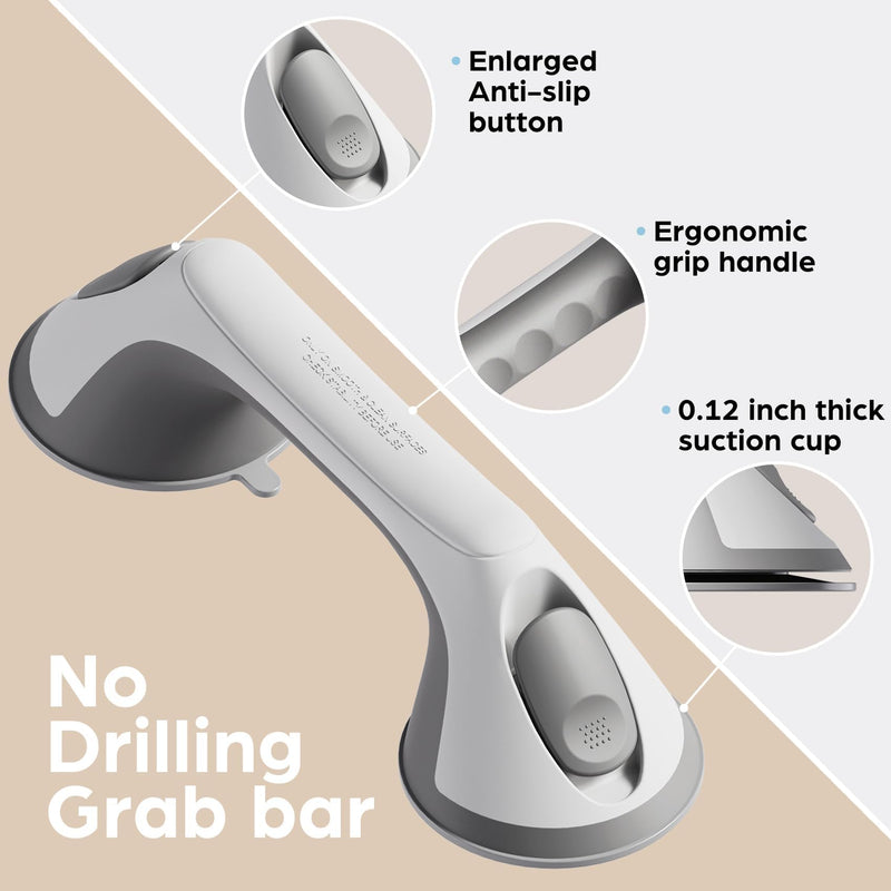 2 Pack 12 Inch Grab Bars for Bathtubs and Showers for Seniors, Heavy Duty Shower Handle for Elderly, Suction Cup Removable Handrails Handicap Bath Grip Bathroom Upgrade Safety Grips (Gray) 12″ Gray