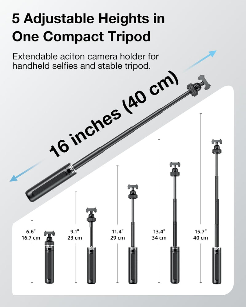 llano 16" Magnetic Action Camera Tripod for Insta 360 Ace pro 2/1, X5, X4, Mini Tripod with Magsafe Quick Release Adapter, Small Selfie Stick, 360° Ball Head, Portable, Lightweight, Black