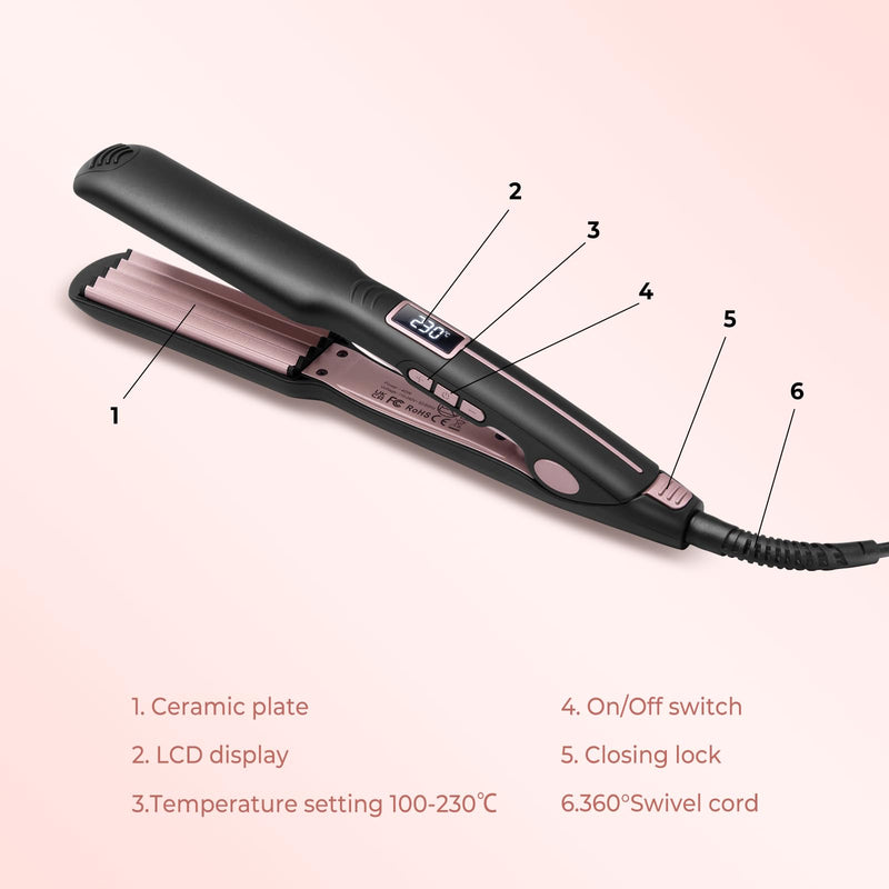 UKLISS Hair Crimper, Ceramic Hair Crimpers for Women, PTC Crepe Hair Iron | for Volumizing Hairstyle in One Step, Adjustable Temperature 210-450℉, LCD Display, Long-Lasting Styling (Black Pink) Black Pink