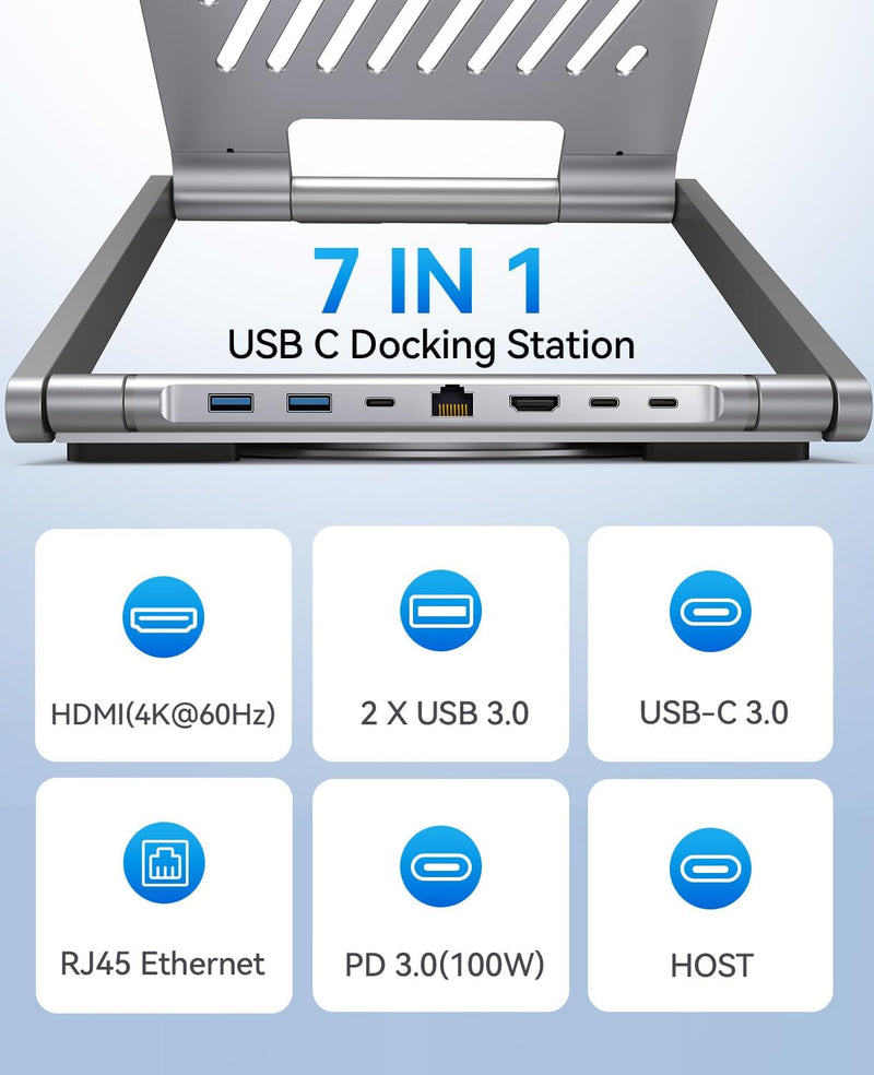 4URPC Laptop Docking Station Stand 4K@60Hz for MacBook Pro/Air M3/M4, Dell/HP/Surface/Lenovo/Chromebook, Laptop USB Hub Stand with HDMI, 3 USB, Ethernet, PD 3.0, Adjustable Dock with 360° Rotate Base