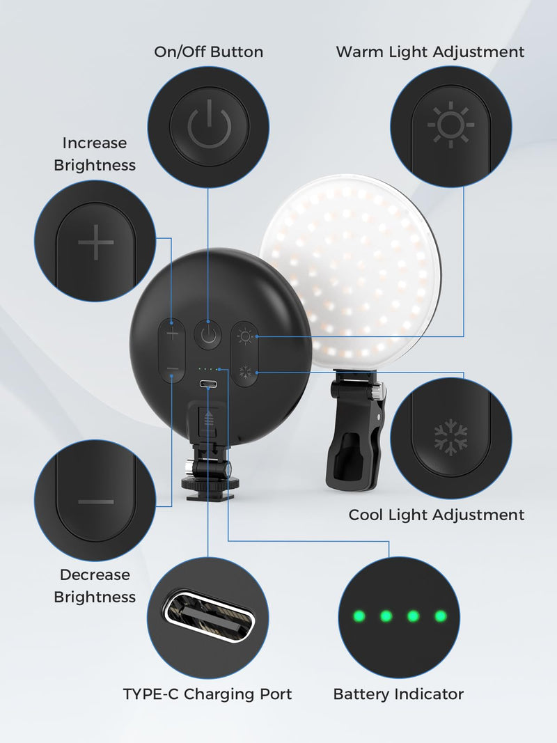 Smiling Shark Photography Light, LED Video Light with Clip 2500mAh Rechargeable CRI 97+ Dual Color Temperature Dimmable Cold Shoe Mount Portable Camera Light for Live Laptop Phone Video