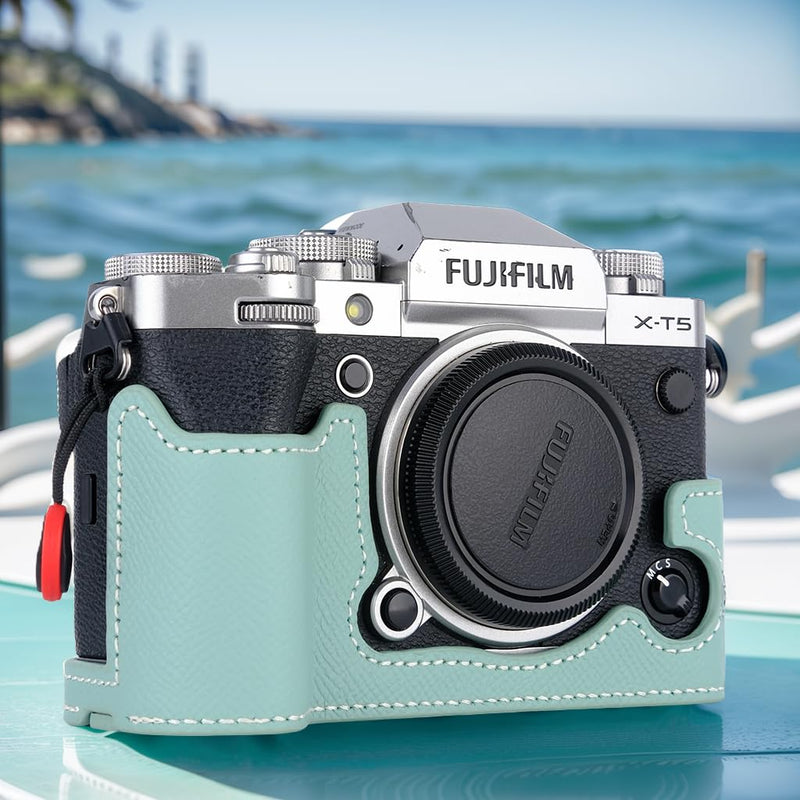 Bowan X-T5 Camera Case, Handmade Genuine Real Leather Half Camera Case Bag Cover for Fujifilm Fuji X-T5 X-T5 Camera Bottom Opening Version + Hand Strap (Mint green) Mint green