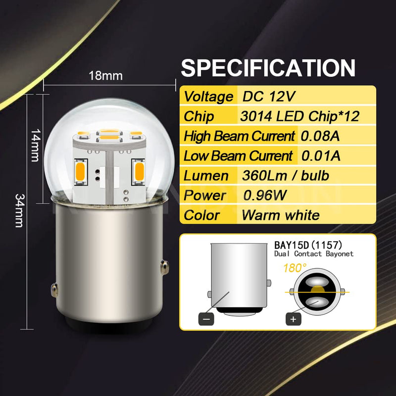 Ruiandsion 2pcs 1157 LED Bulb 12V BAY15D 2057 2357 7528 Warm White 3014 12SMD LED Chipsets LED Backup Reverse Brake Tail Lights