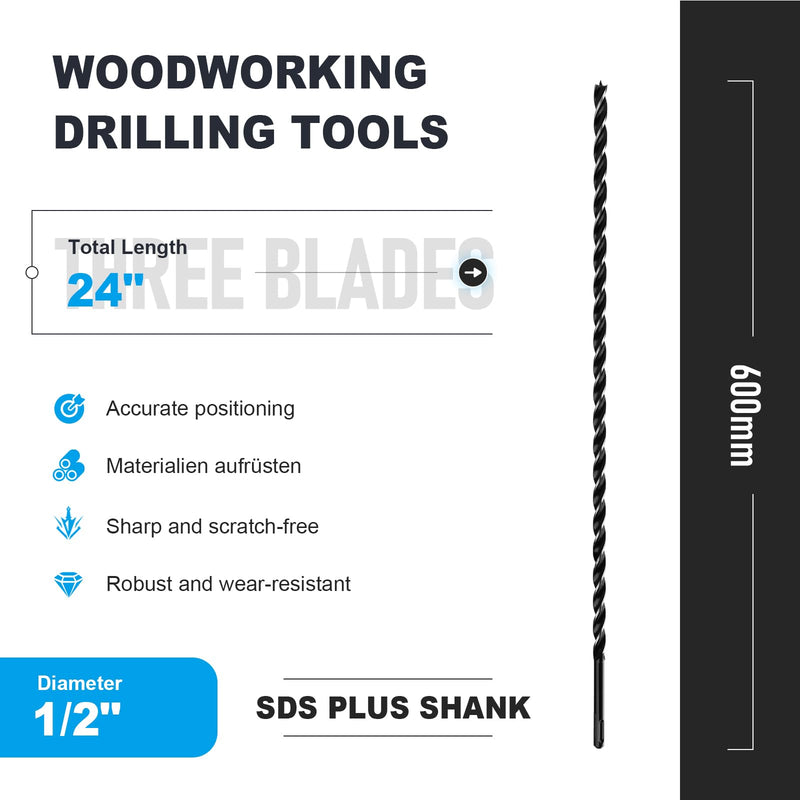 1/2" x 24" Auger Drill Bit with SDS Plus Shank for Wood,Tri Flute Ship Auger Long Drill Bit for Soft and Hard Wood,Tree Stump,Plastic,Drywall and Composite Materials 1/2"x24"