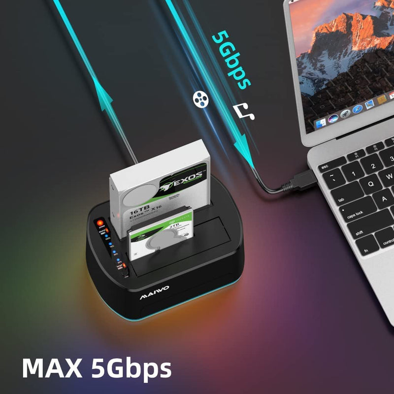 MAIWO Dual Bay RGB SATA to USB 3.0 Hard Drive Docking Station with Offline Clone, Duplicator for 2.5 and 3.5 Inch HDDs and SSDs, UASP Supported, Black