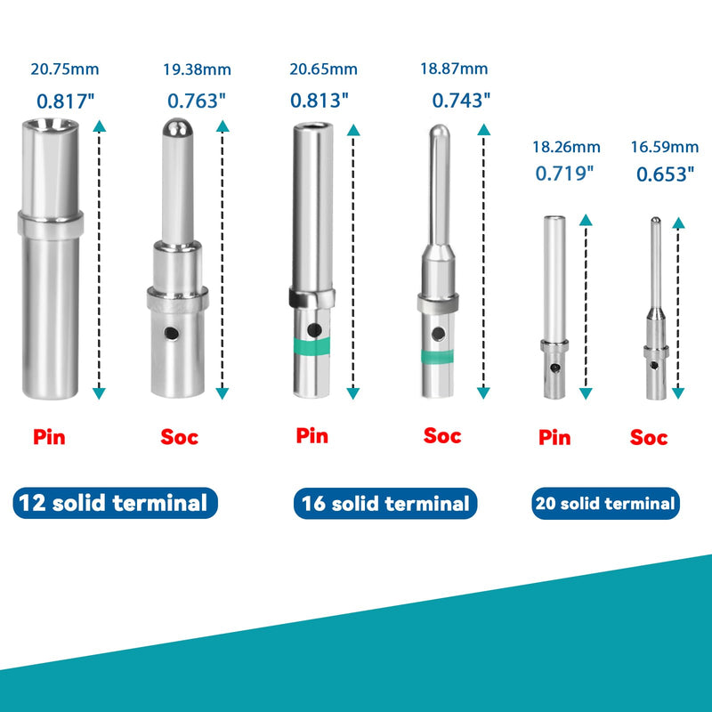 180PCS Deutsch Connector Pins and Sockets, Barrel Style Contact Pin Kit, Sizes 12/16/20 Male and Female Solid Terminals, Wire Gauge Range 12-22 AWG for Deutsch DTP, DT, DTM Series Connectors