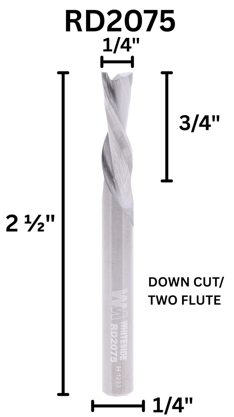 Whiteside RU2075 Spiral Upcut Straight Router Bit: 1/4 Inch Cutting Diameter, 1/4 Inch Shank, 3/4 Inch Cutting Length