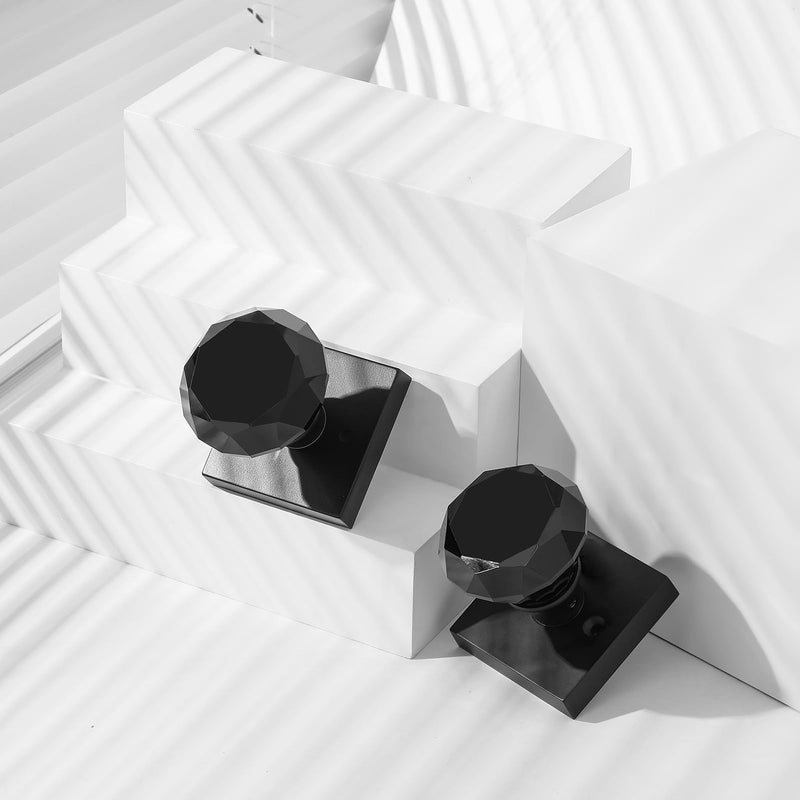 Matte Black Glass Crystal Door Knobs Interior, Modern Black Diamond Passage Square Clear Door Knobs for Closet Hallway Matte Black Finish and Black Glass