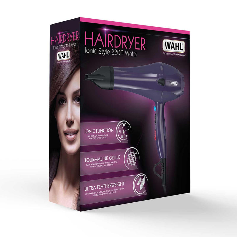 Wahl Ionic Style Hairdryer in Purple, Hairdryers for Women, Hair Dryer with Attachments, Adjustable Temperature, Three Heat Settings, Two Speed Settings, Fast Drying
