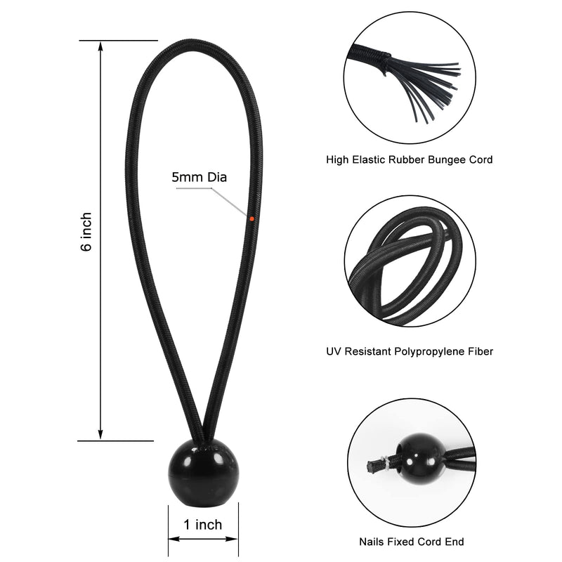 Bungee Balls 6 Inch,Black Bungee Cord for Canopy Tarp, UV Resistant,50-Piece 6 inch X 1 inch Ball