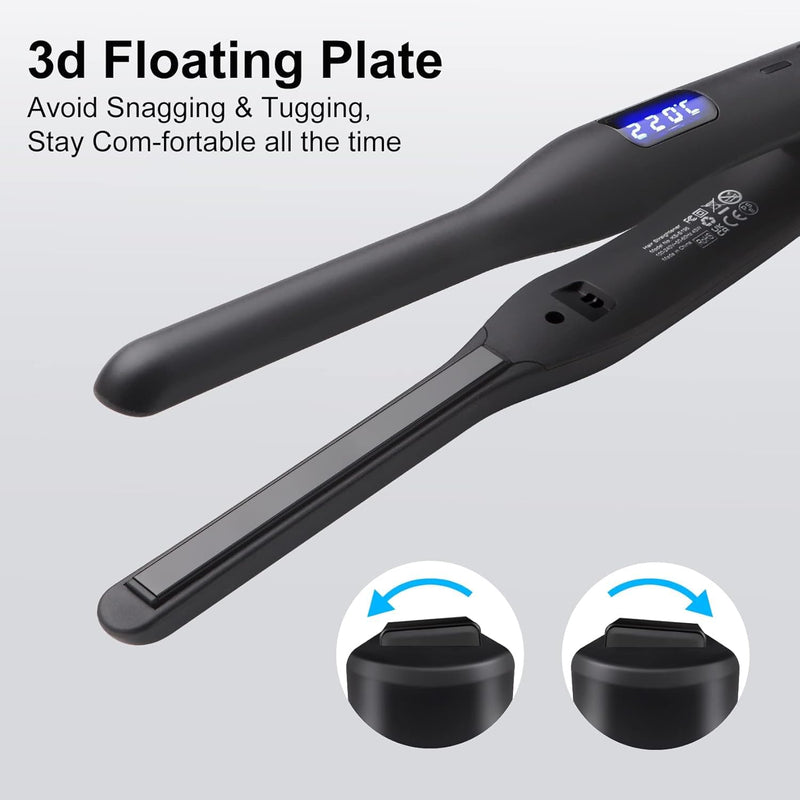 JAETON Mini Hair Straightener for Short Hair,Pixies,Bangs,Small Curls | Small Travel Flat Iron, Adjustable Temperature Pencil Straightener, Dual Voltage Black