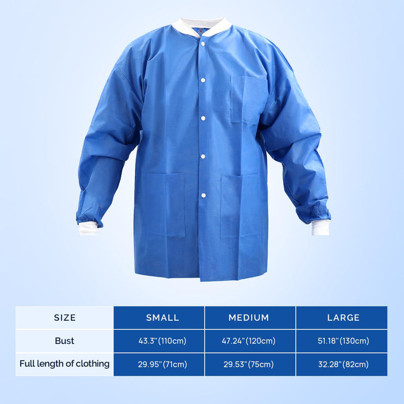 JMU 10-100 Pack Disposable Lab Jackets, SMS Disposable Medical Jackets for Adult, Knit Cuffs Collar, 3 Pockets Medium Dark Blue