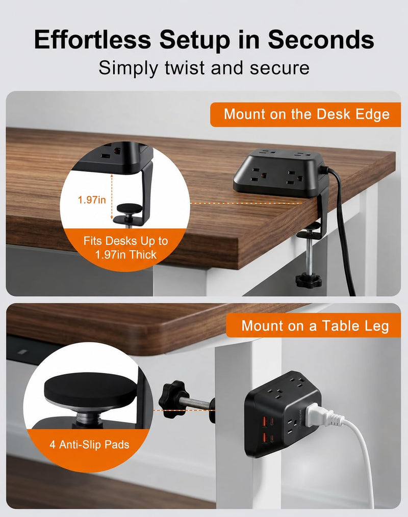 Desk Clamp Power Strip, 6 AC, 2 USB-C & 2 USB-A, 1440J, 6FT Cord | Fits 1.97in Desks, 17W Shared USB Charging, 45° Flat Plug & 3-Side Layout for Home Office, Standing Desk and Gaming Setups 6FT-Black