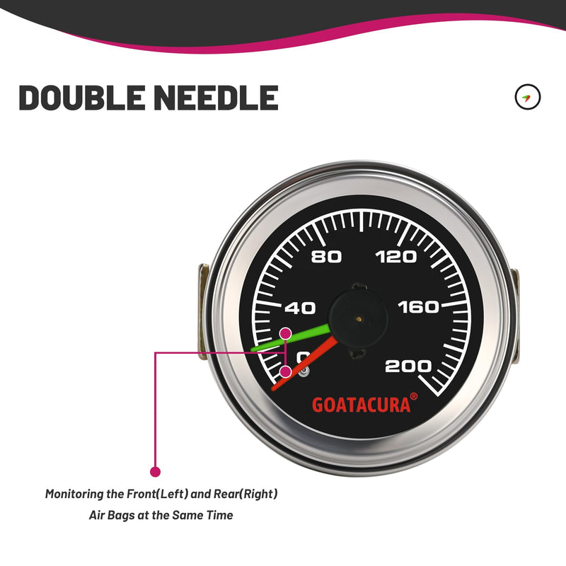 200psi Mechanical Dual Air Pressure Gauge for Air Ride Suspension Systems, 2" Dial Size, Galvanized Iron Case, 1/8" NPT Back Mount, 3-2-3% Accuracy