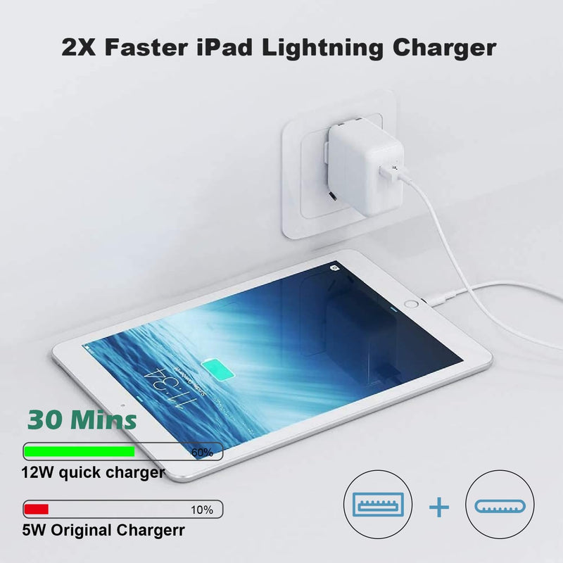 iPad Charger, 2Pack [Apple MFi Certified] 10FT Long USB A to Lightning Cord Cable with USB Wall Charger Travel Plug Foldable Portable Adapter Compatible with iPad, iPadAir, iPadMini, iPadPro, iPhone 2Pack 10FT