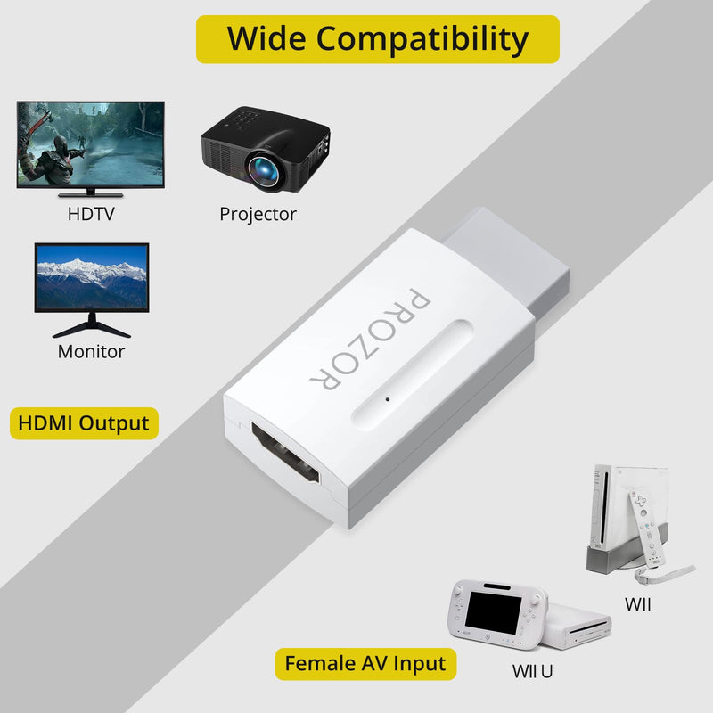 PROZOR Wii to HDMI Converter, 1080P, Compatible with Nintendo Wii, Wii U, HDTV, Monitor, Supports All Wii Display Modes 720P