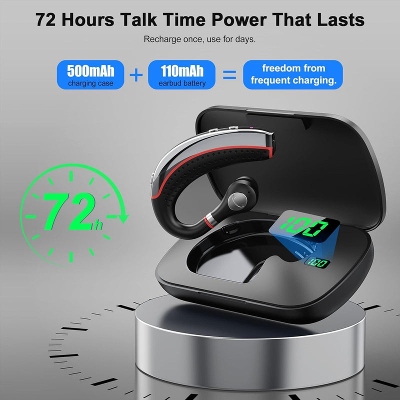 SneKa Bluetooth Headset, Wireless Bluetooth Earpiece with 500mAh Charging Case, 72-Hour Talk Time, and for iOS/Android Phones, V5.3 Hand-Free Headphones for Trucker, Office,Business Red