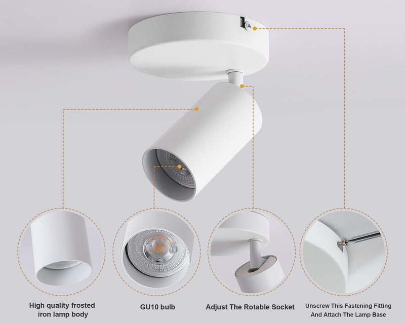 White Ceiling Spotlight Indoor Adjustable 1-Light Track Lighting with Flexibly Rotatable Light Head for Bedroom, Kitchen, or Living Room, GU10 Bulb not Included White