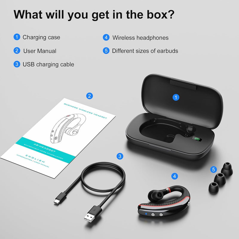 SneKa Bluetooth Headset, Wireless Bluetooth Earpiece with 500mAh Charging Case, 72-Hour Talk Time, and for iOS/Android Phones, V5.3 Hand-Free Headphones for Trucker, Office,Business Red