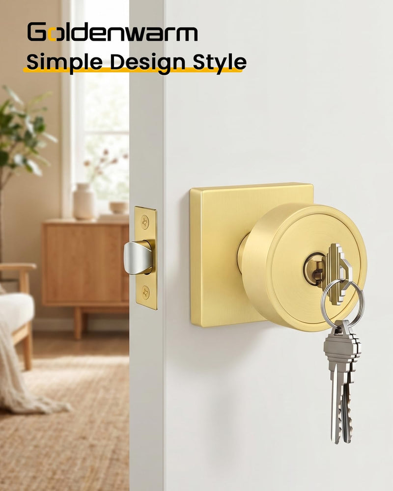 Goldenwarm Gold Entry Door Knob with Lock and Key, Zinc Alloy Brushed Gold Exterior Door Knobs for Front Door, 1 Pack