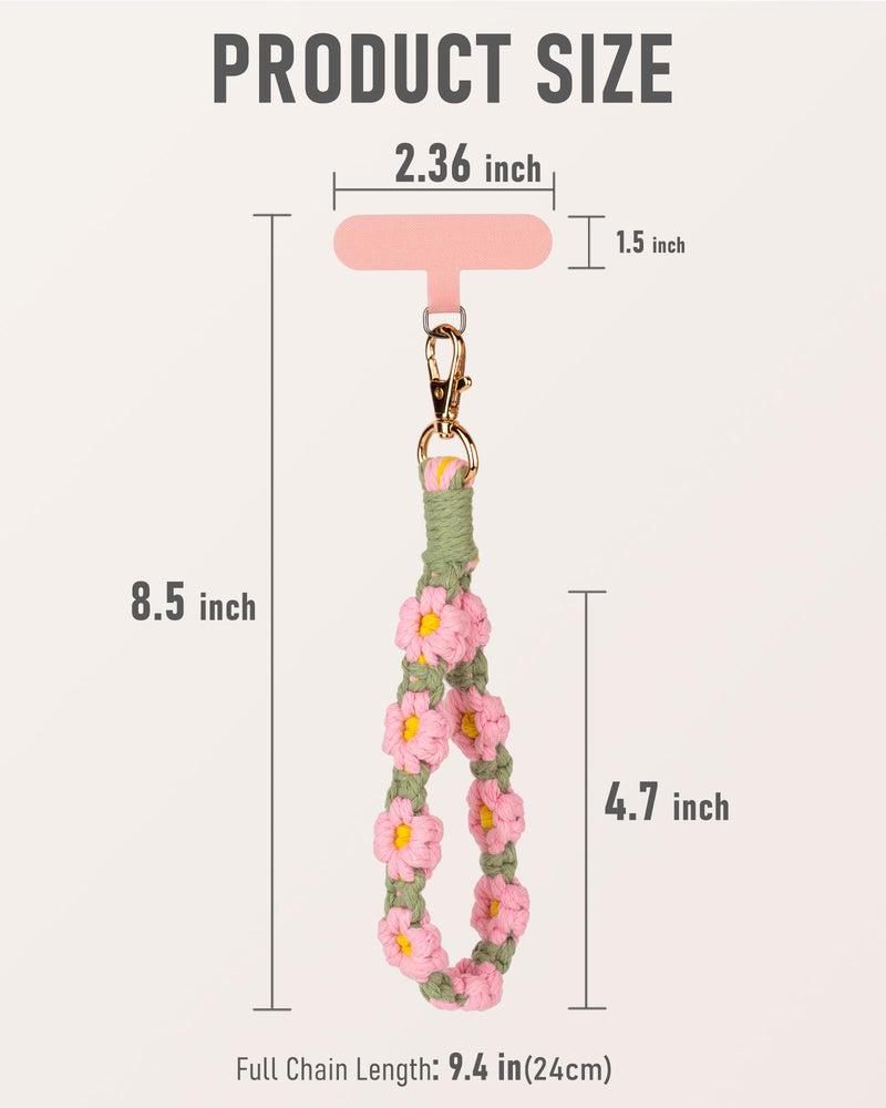 Boho Macrame Phone Wrist Strap, Handmade Phone Lanyard Charm for Women | Handmade Weaving Sturdy, Anti-Loss Chain with Tether Tab, Keeps Phone Secure for Shopping, Travel, Fit Full-Coverage Cases Sakura Pink