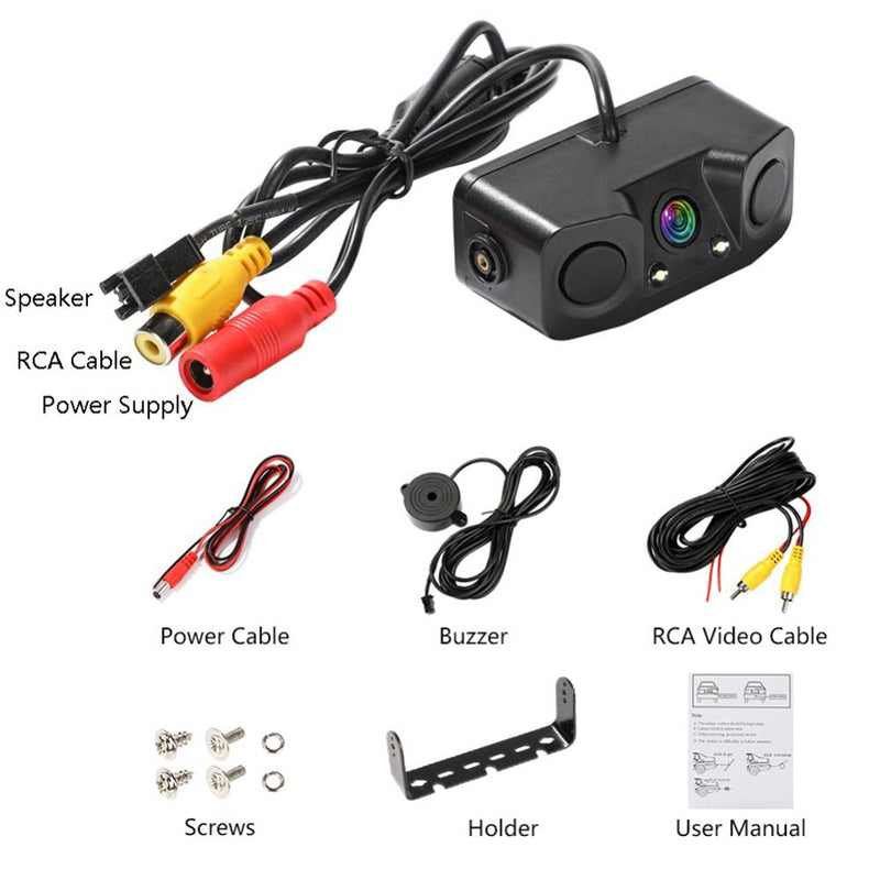 Polarlander 3 in 1 Rear View Camera Waterproof Video Parking Sensor Car Reverse Backup Camerawith 2 Radar Detector Sensors BiBi Alarm
