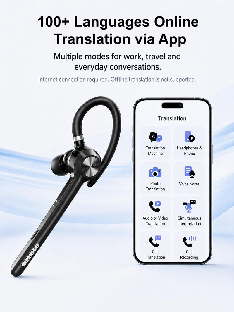 N06 Bluetooth Headset with Real-Time Call Translation & Mute Button | Call Recording, Noise Cancelling Mic, 40H Playtime Wireless Earpiece Hands-Free Headphone for Business Office Trucker Driving
