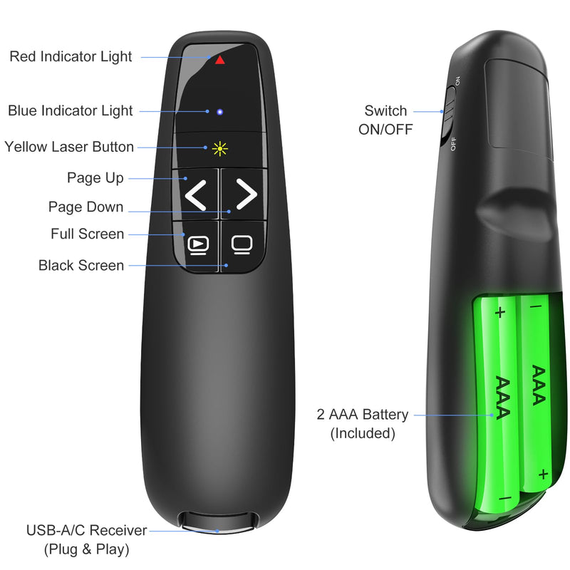 Presentation Clicker with Yellow Laser Pointer for LED LCD Screen: Wireless Presenter Remote for PowerPoint Computer Clickers, Project Clicker for Mac Laptop Office, Slideshow Google Slide Advancer