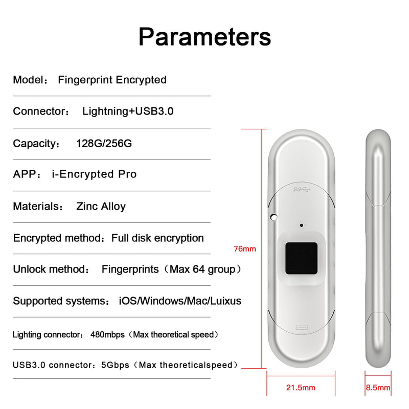for iPhone USB3.0 Encrypted Drive Drive External Storage Fingerprint Encryption USB Flash Drive for iPhone/iPad/Mac/PC USB3.0 Flash Drive 128GB 128G