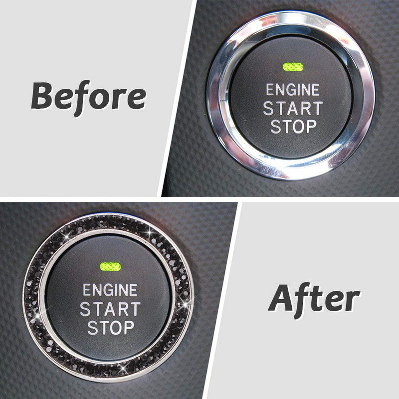 Bling Car Crystal Rhinestone Ring Emblem Sticker, Car Interior Decoration, Bling Car Accessories for Women, Push to Start Button, Key Ignition Starter & Knob Ring (Black) H-dark Black