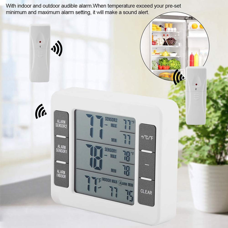 Therometer-Refrigerator Thermometer Digital Freezer Thermometer with 2PCS Sensors with Audible Alarm for Indoor Outdoor Thermometer (Battery not