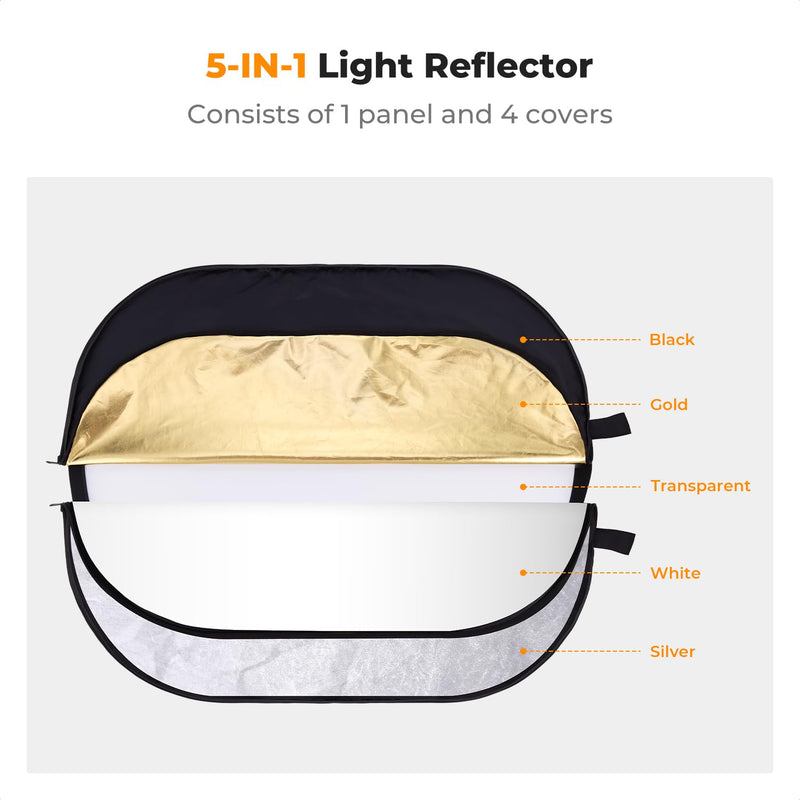 K&F CONCEPT 24" x36”(60x90cm) 5-in-1 Oval Foldable Reflector with Carrying Bag, Gold, Silver, Black, White Reflective Fabric and Translucent Soft Fabric for Studio Lighting 60x90cm