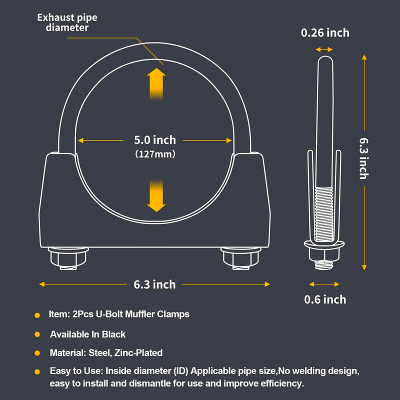 2Pcs Heavy-Duty 5.0 Inch Exhaust Clamps—Rust Proof Black Finish, Saddle-Style U-Bolt Clamps for Secure Pipe Connections 5.0"
