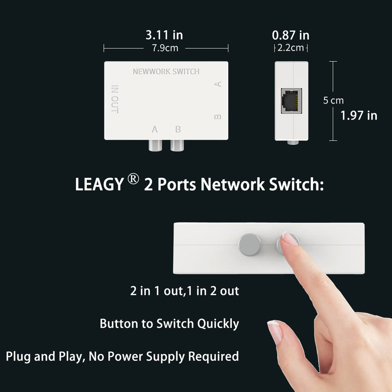 LEAGY 2 Ports Network Switch Splitter Selector Hub 2-in 1-Out or 1-in 2-Out 100M
