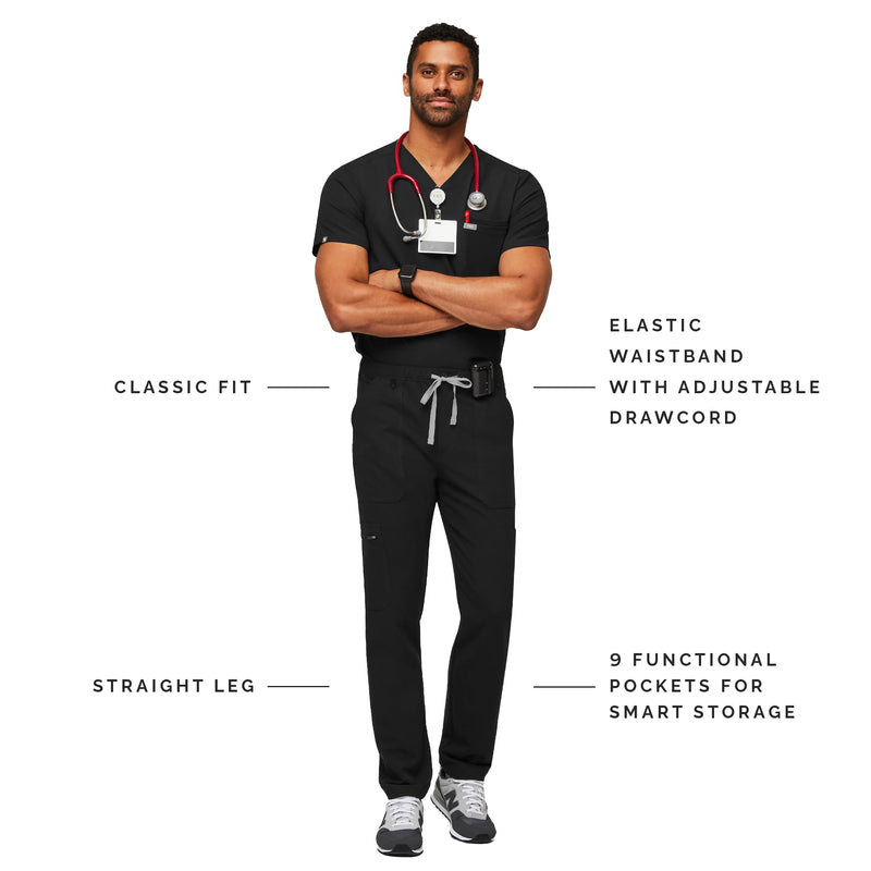 FIGS Cairo Cargo Scrub Pants for Men — Classic Straight Leg Fit, 9 Pockets, 4-Way Stretch, Anti-Wrinkle Regular Medium Black