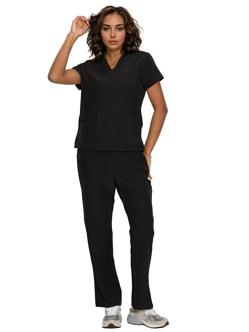 floralhue Scrubs for Women, V-Neck Scrubs Top & Cargo Pants with 12 Pockets, Yoga Waistband, 4 Way Stretch Large Black